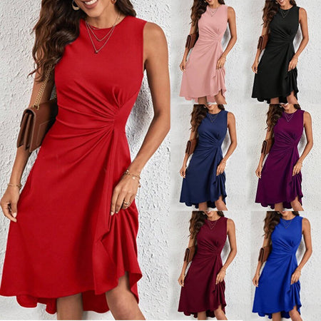 Women's Summer New Fashion Sleeveless Solid Color A- Line Crumpled Middle Dress - ANIBEY