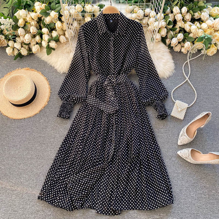 Women's Polo Collar Slim Long Wave Point Chiffon Pleated Skirt - ANIBEY