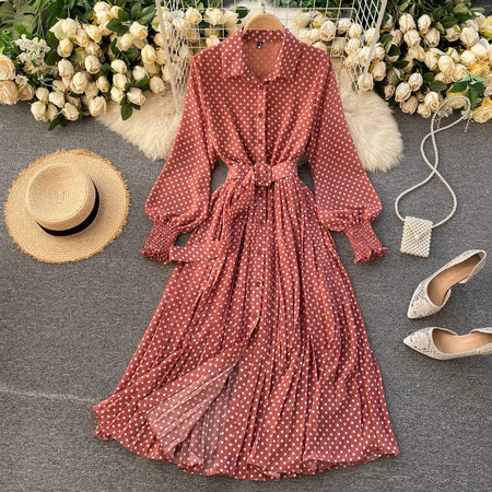 Women's Polo Collar Slim Long Wave Point Chiffon Pleated Skirt - ANIBEY