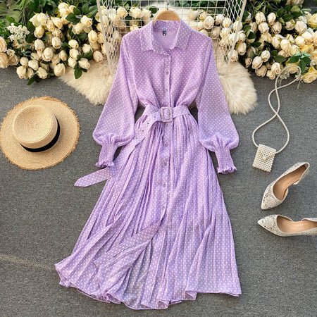 Women's Polo Collar Slim Long Wave Point Chiffon Pleated Skirt - ANIBEY