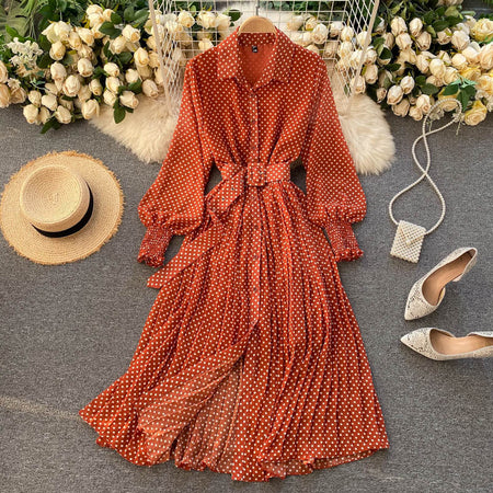 Women's Polo Collar Slim Long Wave Point Chiffon Pleated Skirt - ANIBEY