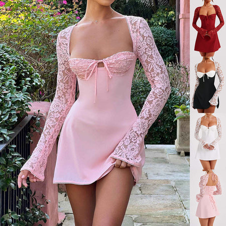 Fashion Corset Lace Long Sleeve Sexy Y2K Backless Lace Up Short Women's Dresses - ANIBEY