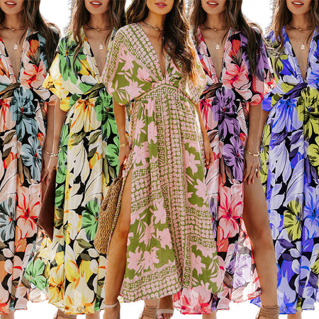 Summer New Hot Girl Fashion Printed Deep V Split Dress For Women - ANIBEY