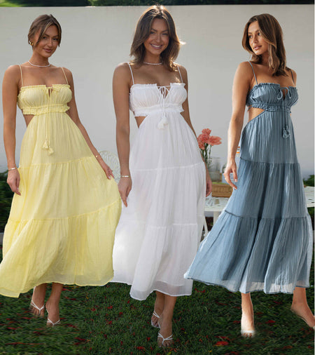 Women's V-neck Sleeveless Solid Color Stitching Big Swing Long Dress - ANIBEY