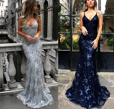Deep V Sling Sequin Dress - ANIBEY