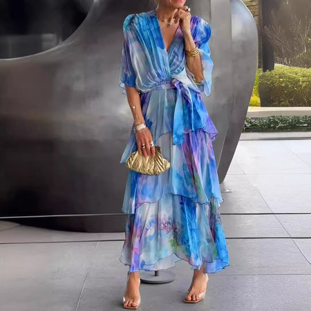 European And American Printing Layered Dress - ANIBEY