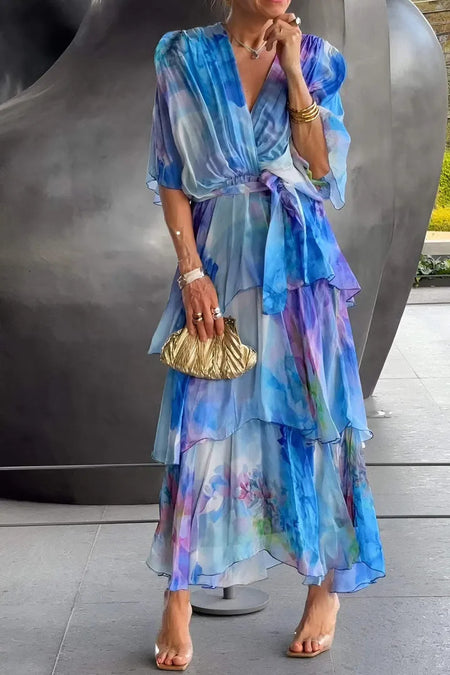 European And American Printing Layered Dress - ANIBEY