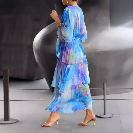 European And American Printing Layered Dress - ANIBEY