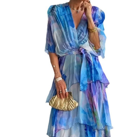 European And American Printing Layered Dress - ANIBEY