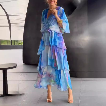 European And American Printing Layered Dress - ANIBEY