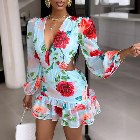 Fashion V-neck Fashion Women Hollow Out Printed Dress - ANIBEY