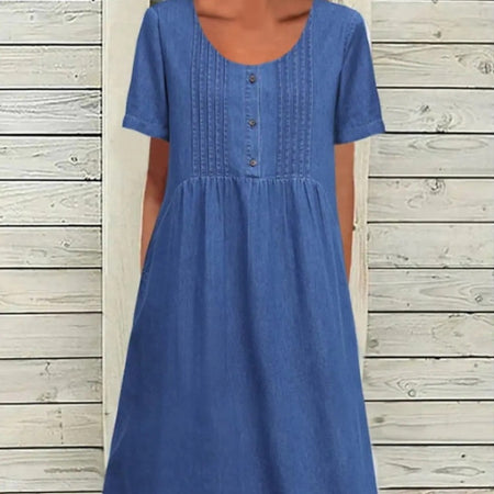 U-shaped Collar Mid-length Elegant Denim Short Sleeve Dress - ANIBEY