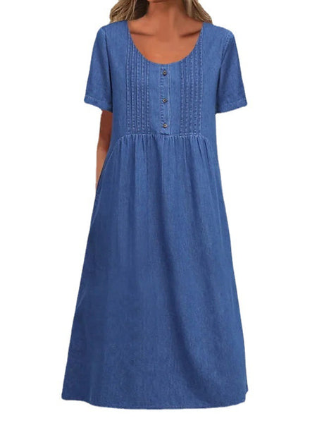 U-shaped Collar Mid-length Elegant Denim Short Sleeve Dress - ANIBEY