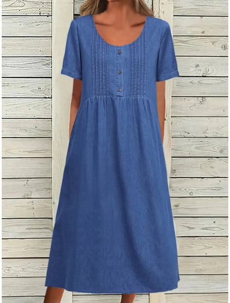 U-shaped Collar Mid-length Elegant Denim Short Sleeve Dress - ANIBEY