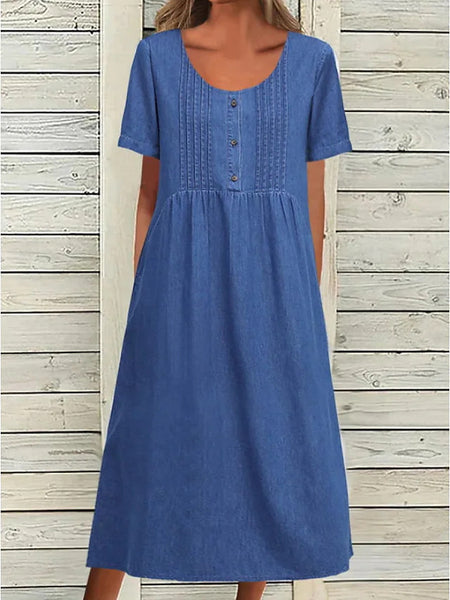 U-shaped Collar Mid-length Elegant Denim Short Sleeve Dress - ANIBEY