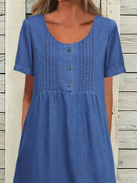 U-shaped Collar Mid-length Elegant Denim Short Sleeve Dress - ANIBEY