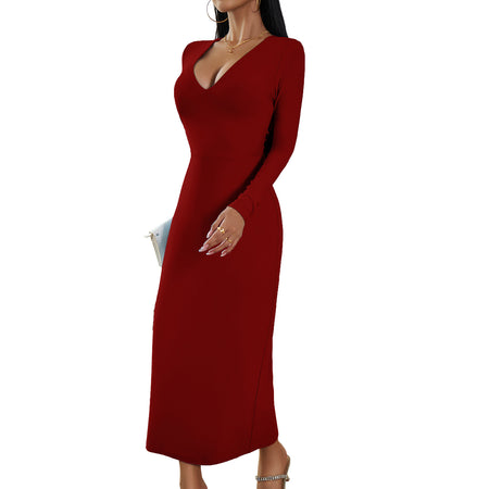 Women's Fashion Casual V-neck Sheath Long Sleeve Dress - ANIBEY
