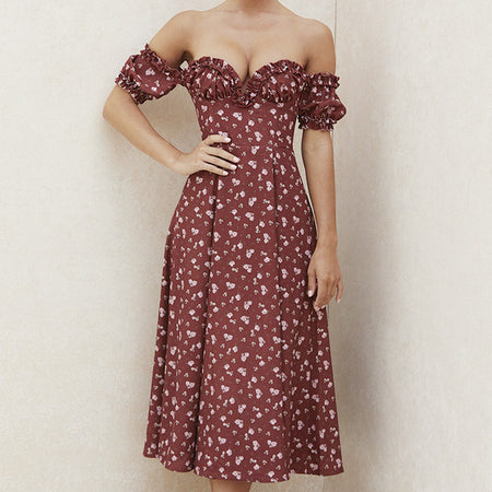 Summer Floral Print Dress Women Sexy Party Long Dresses Puff Short Sleeve - ANIBEY