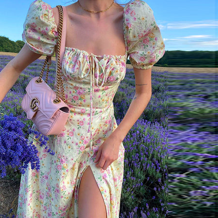 Summer Floral Print Dress Women Sexy Party Long Dresses Puff Short Sleeve - ANIBEY