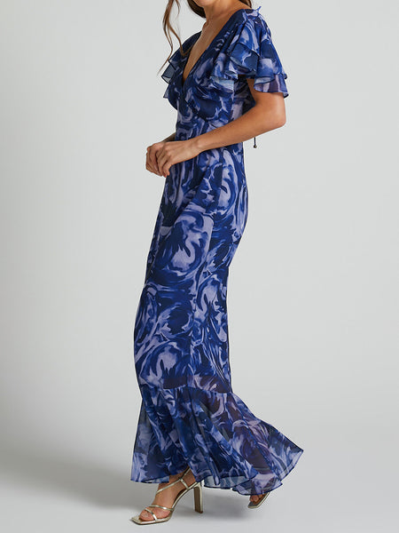 New European And American Printed Chiffon Maxi Dress Fashionable Temperament V-neck Bell Sleeve Dress - ANIBEY