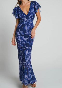 New European And American Printed Chiffon Maxi Dress Fashionable Temperament V-neck Bell Sleeve Dress - ANIBEY