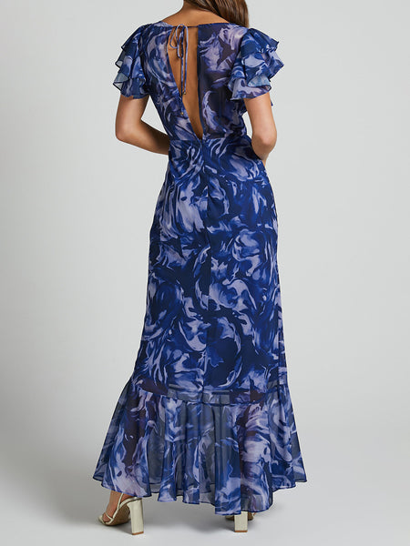 New European And American Printed Chiffon Maxi Dress Fashionable Temperament V-neck Bell Sleeve Dress - ANIBEY