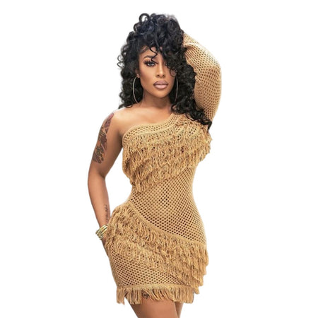New Women's Slanted Shoulder Single Sleeve Fringed Knitted Dress - ANIBEY