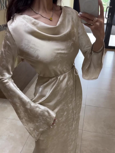 Swing Collar Long Sleeve Jacquard Dress - ANIBEY