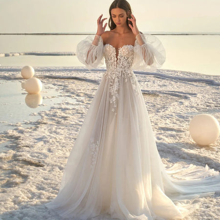 Women's Puff Sleeve Beach Wedding Dress - ANIBEY