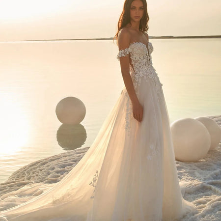 Women's Puff Sleeve Beach Wedding Dress - ANIBEY