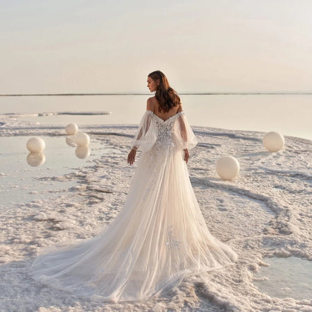 Women's Puff Sleeve Beach Wedding Dress - ANIBEY