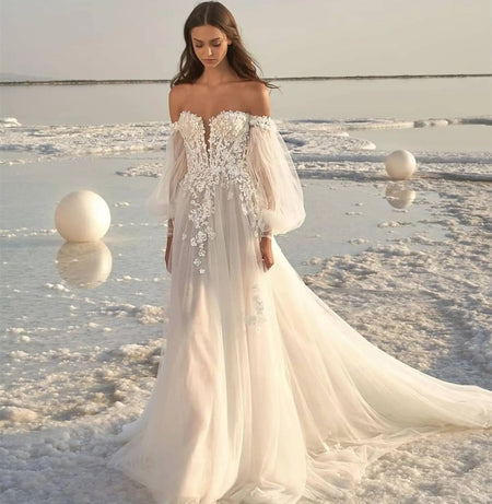 Women's Puff Sleeve Beach Wedding Dress - ANIBEY