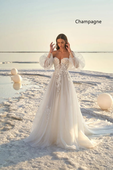 Women's Puff Sleeve Beach Wedding Dress - ANIBEY