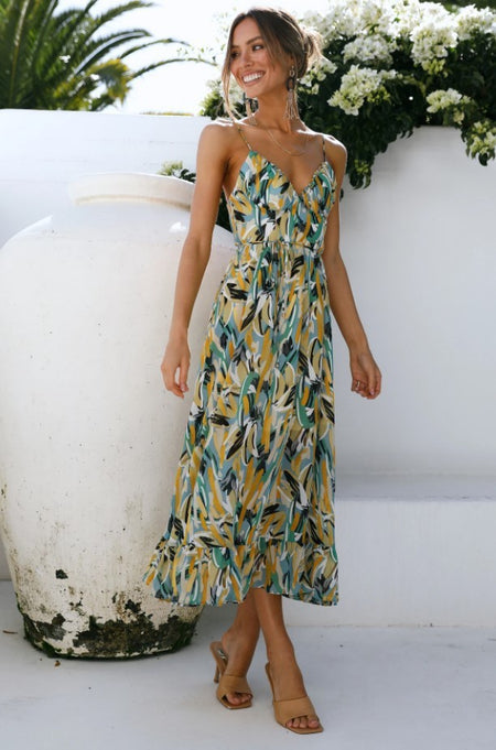 Women's Off Shoulder Boho Sling Print Dress - ANIBEY
