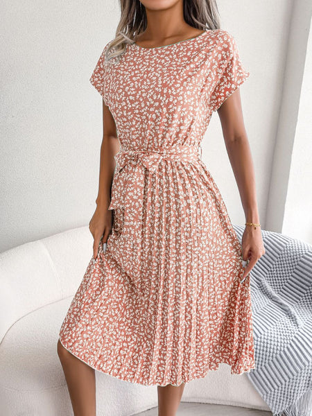 Spring And Summer New Casual Short Sleeve Floral Tie-neck Dress Pleated Skirt - ANIBEY