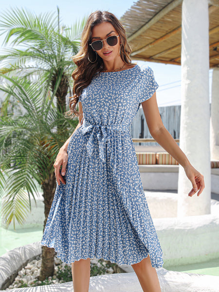 Spring And Summer New Casual Short Sleeve Floral Tie-neck Dress Pleated Skirt - ANIBEY