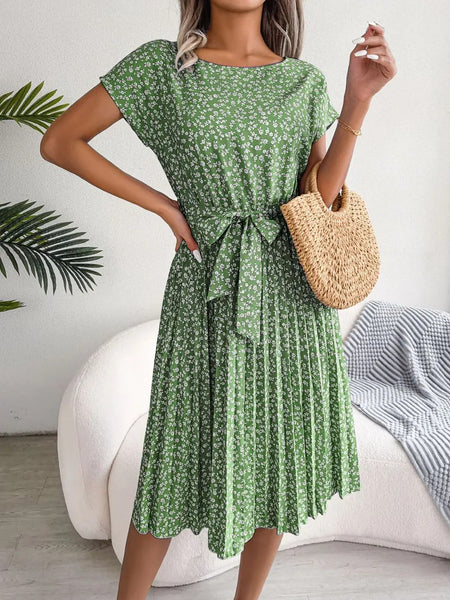 Spring And Summer New Casual Short Sleeve Floral Tie-neck Dress Pleated Skirt - ANIBEY