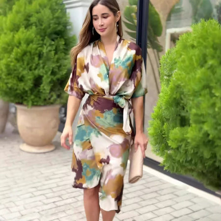 Women's V-neck High Waist Slim Fit Fashion Printed Sheath Dress - ANIBEY