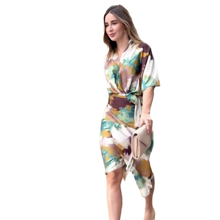 Women's V-neck High Waist Slim Fit Fashion Printed Sheath Dress - ANIBEY
