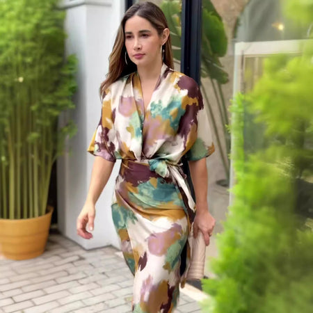Women's V-neck High Waist Slim Fit Fashion Printed Sheath Dress - ANIBEY