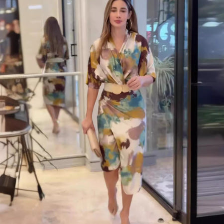 Women's V-neck High Waist Slim Fit Fashion Printed Sheath Dress - ANIBEY
