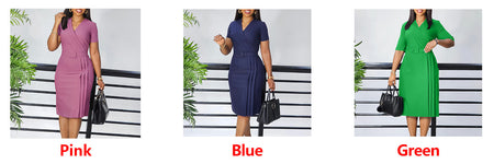 Women's Short Sleeve V-neck Tight Waist Solid Color Commute Dress - ANIBEY