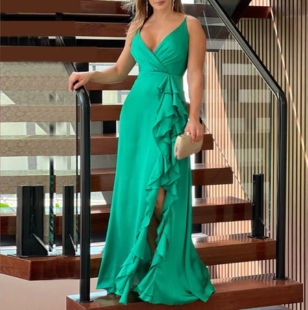 Women's Clothing Summer New V-neck Brace High Waist Ruffles Irregular Slit Dress - ANIBEY