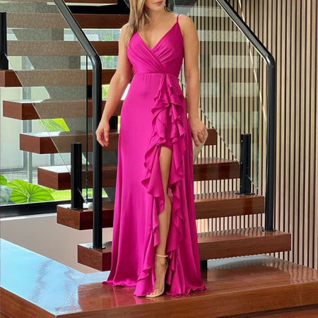 Women's Clothing Summer New V-neck Brace High Waist Ruffles Irregular Slit Dress - ANIBEY