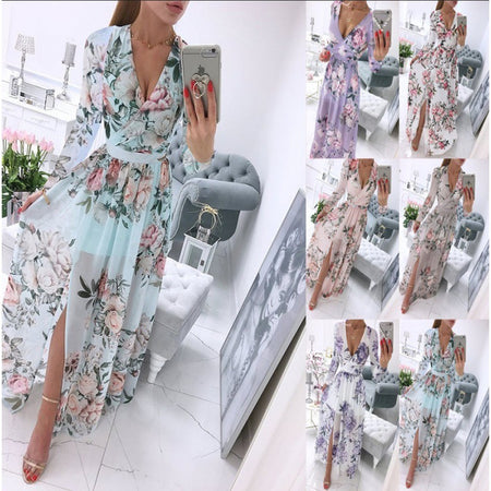 Summer Long-sleeve V-neck Chiffon Printed Bohemian Dress Women - ANIBEY