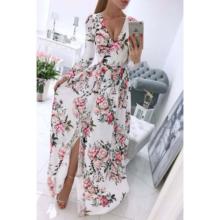 Summer Long-sleeve V-neck Chiffon Printed Bohemian Dress Women - ANIBEY