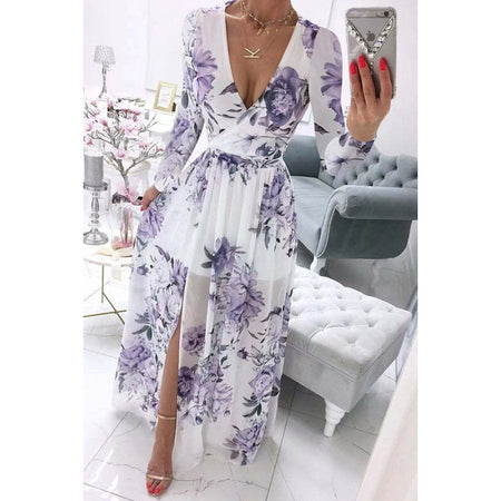 Summer Long-sleeve V-neck Chiffon Printed Bohemian Dress Women - ANIBEY