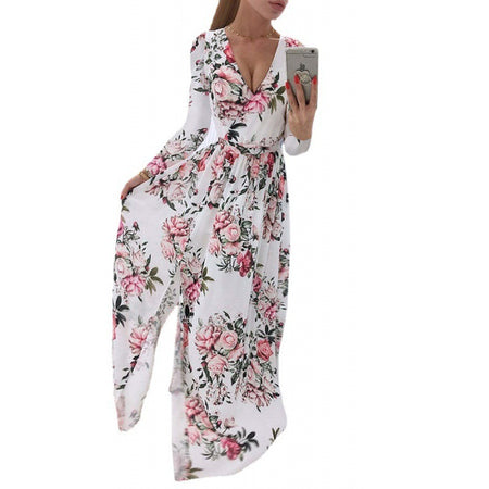 Summer Long-sleeve V-neck Chiffon Printed Bohemian Dress Women - ANIBEY