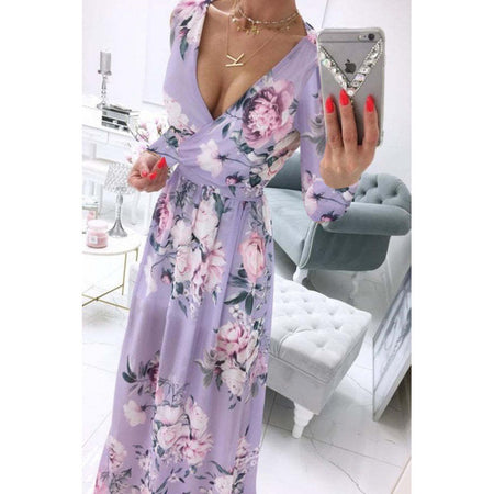 Summer Long-sleeve V-neck Chiffon Printed Bohemian Dress Women - ANIBEY