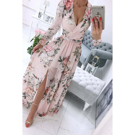 Summer Long-sleeve V-neck Chiffon Printed Bohemian Dress Women - ANIBEY